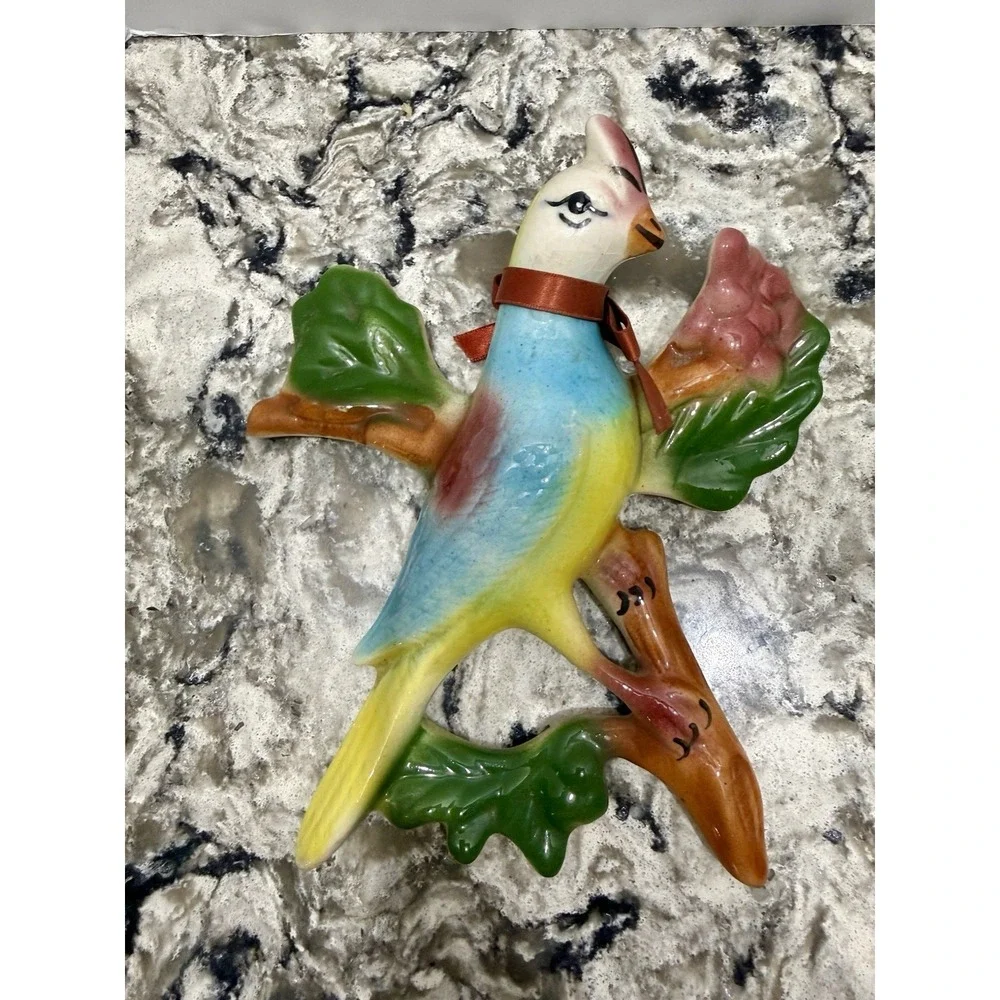 Pair of Mid-Century Chalkware Parrot Cockatiels Bird Wall Hanging Sculptures MCM